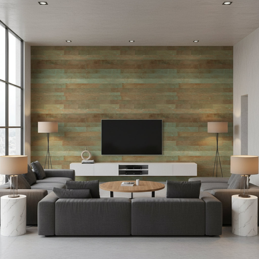 Wash Cork Green Brown | Architectural Wallcoverings - Living Room Visualization (AI-generated, may not be to scale. Verify pattern scale with product specifications.)
