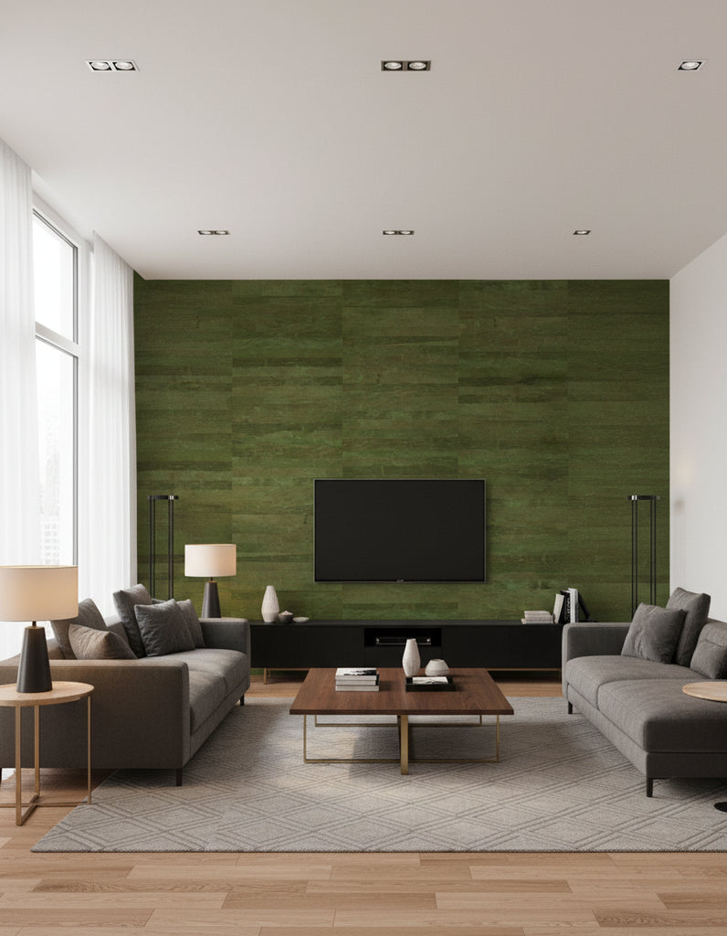 Wash Cork Green | Architectural Wallcoverings - Living Room Visualization (AI-generated, may not be to scale. Verify pattern scale with product specifications.)