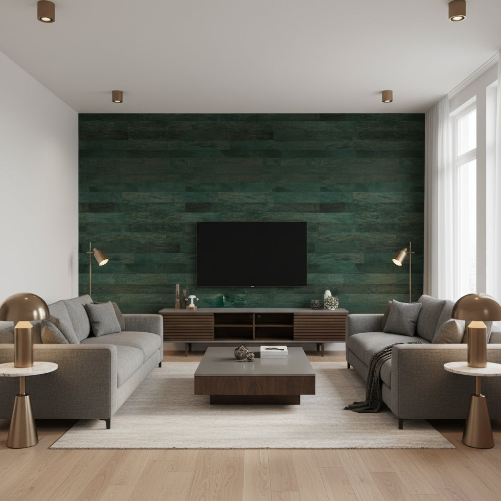 Wash Cork Hunter Green | Architectural Wallcoverings - Living Room Visualization (AI-generated, may not be to scale. Verify pattern scale with product specifications.)