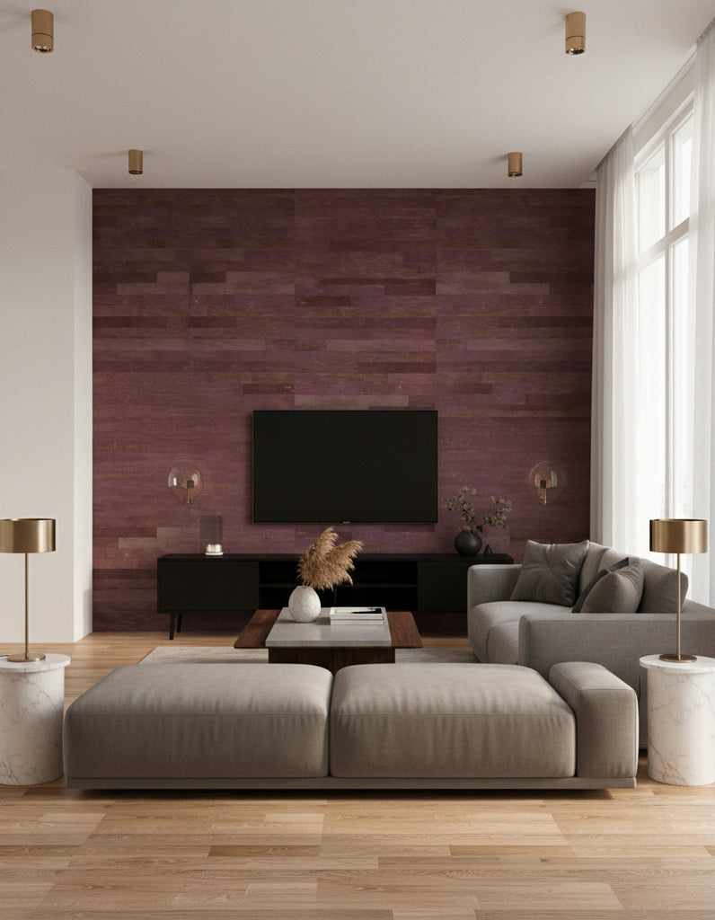 Wash Cork Burgundy | Architectural Wallcoverings - Living Room Visualization (AI-generated, may not be to scale. Verify pattern scale with product specifications.)