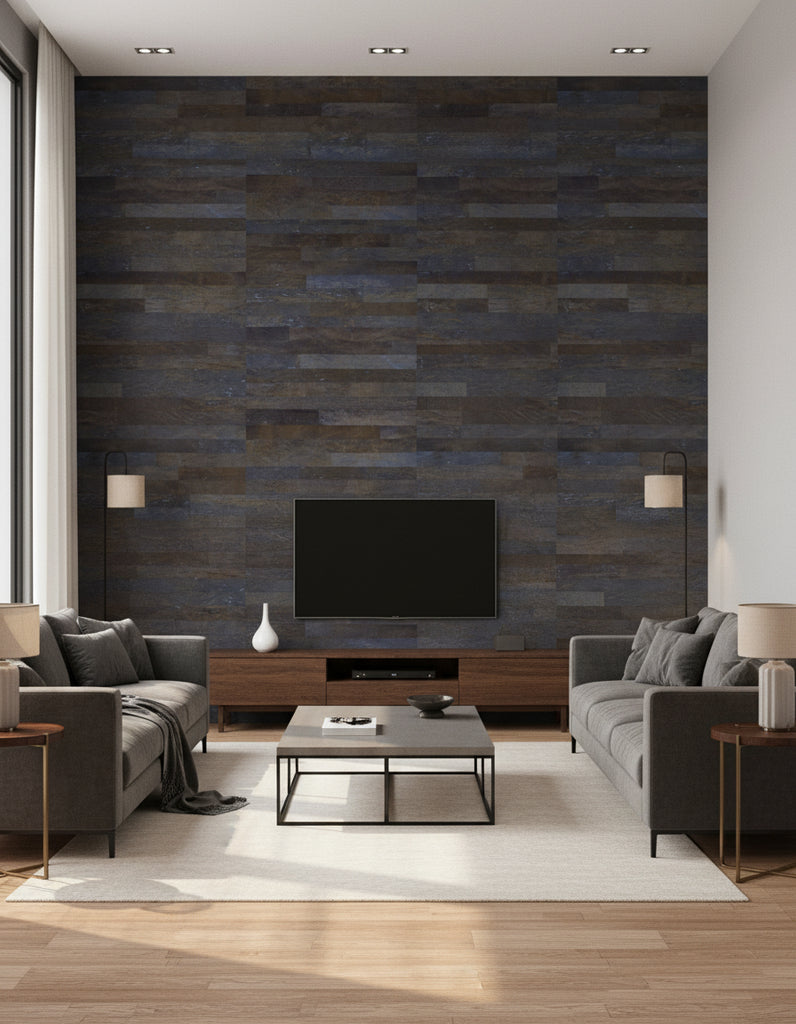 Wash Cork Brown | Architectural Wallcoverings - Living Room Visualization (AI-generated, may not be to scale. Verify pattern scale with product specifications.)