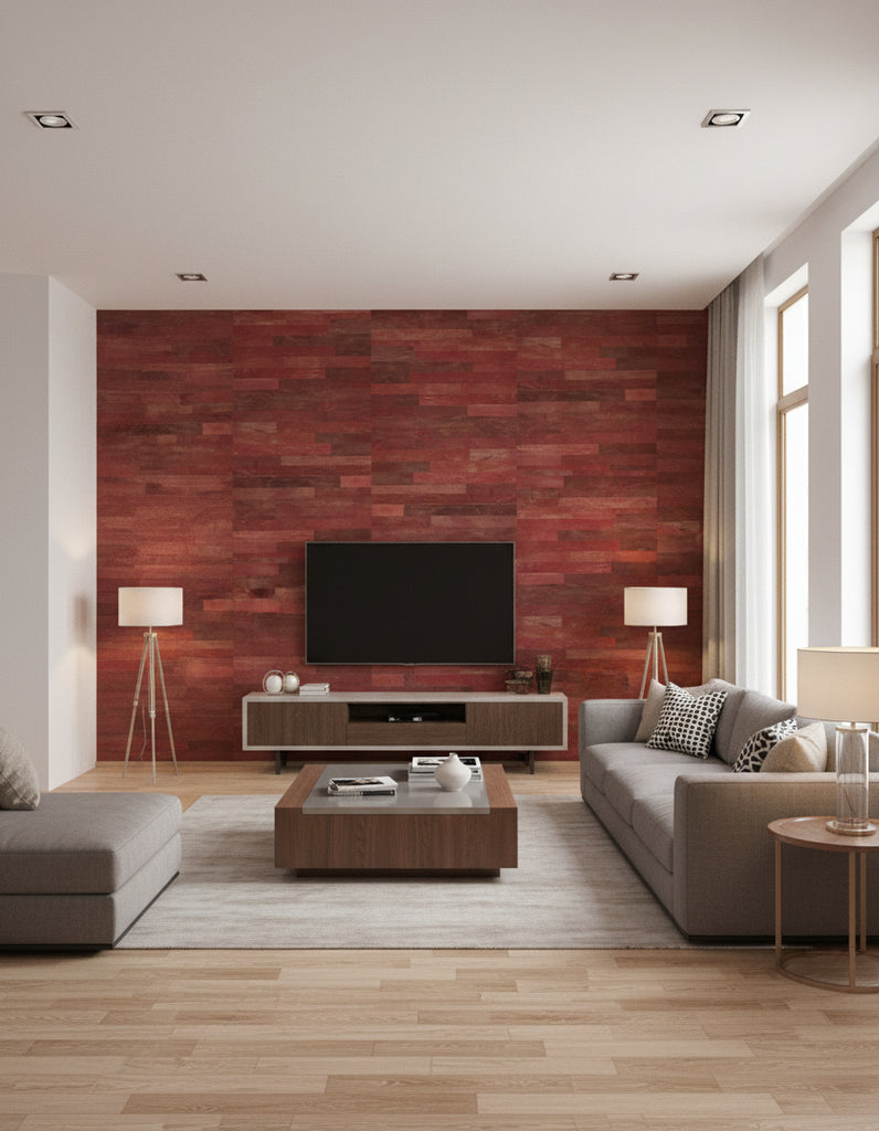 Wash Cork Red | Architectural Wallcoverings - Living Room Visualization (AI-generated, may not be to scale. Verify pattern scale with product specifications.)