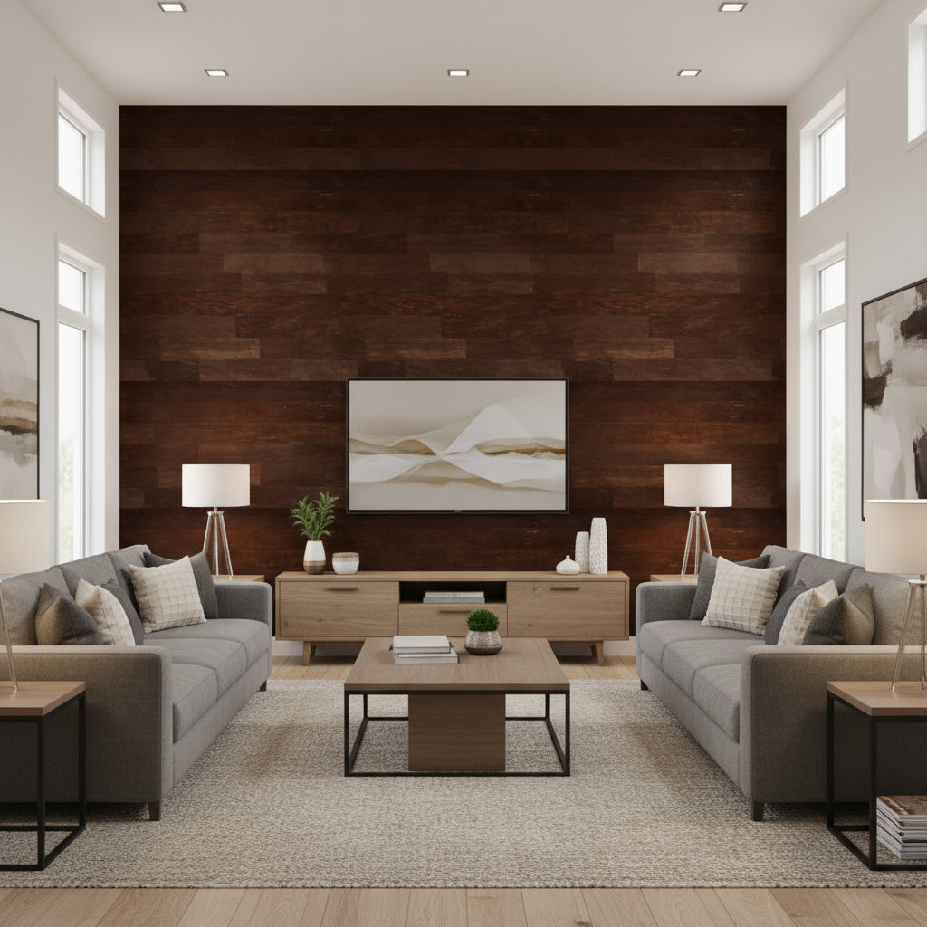 Wash Cork Blue | Architectural Wallcoverings - Living Room Visualization (AI-generated, may not be to scale. Verify pattern scale with product specifications.)