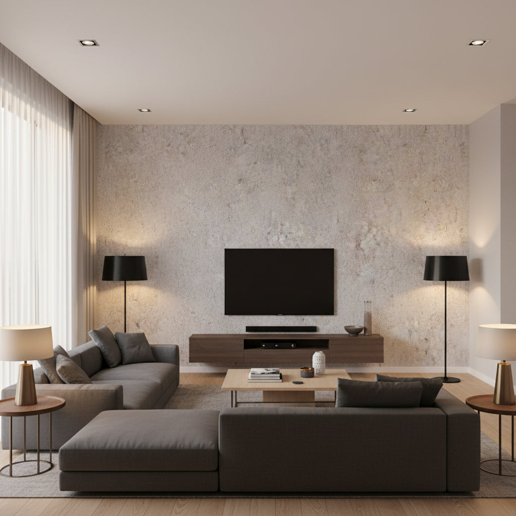 Molten Cork Cream | Architectural Wallcoverings - Living Room Visualization (AI-generated, may not be to scale. Verify pattern scale with product specifications.)