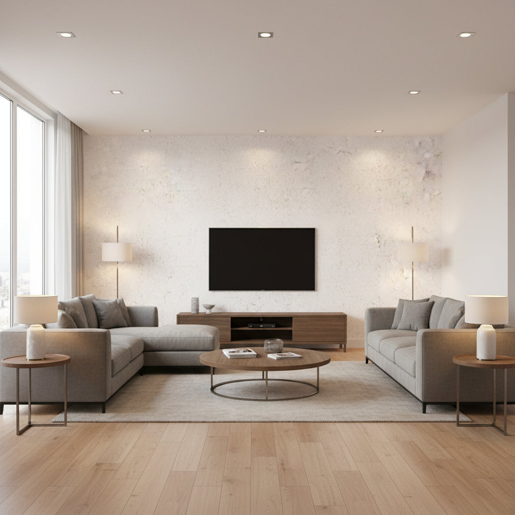 Quercus Cream | Architectural Wallcoverings - Living Room Visualization (AI-generated, may not be to scale. Verify pattern scale with product specifications.)