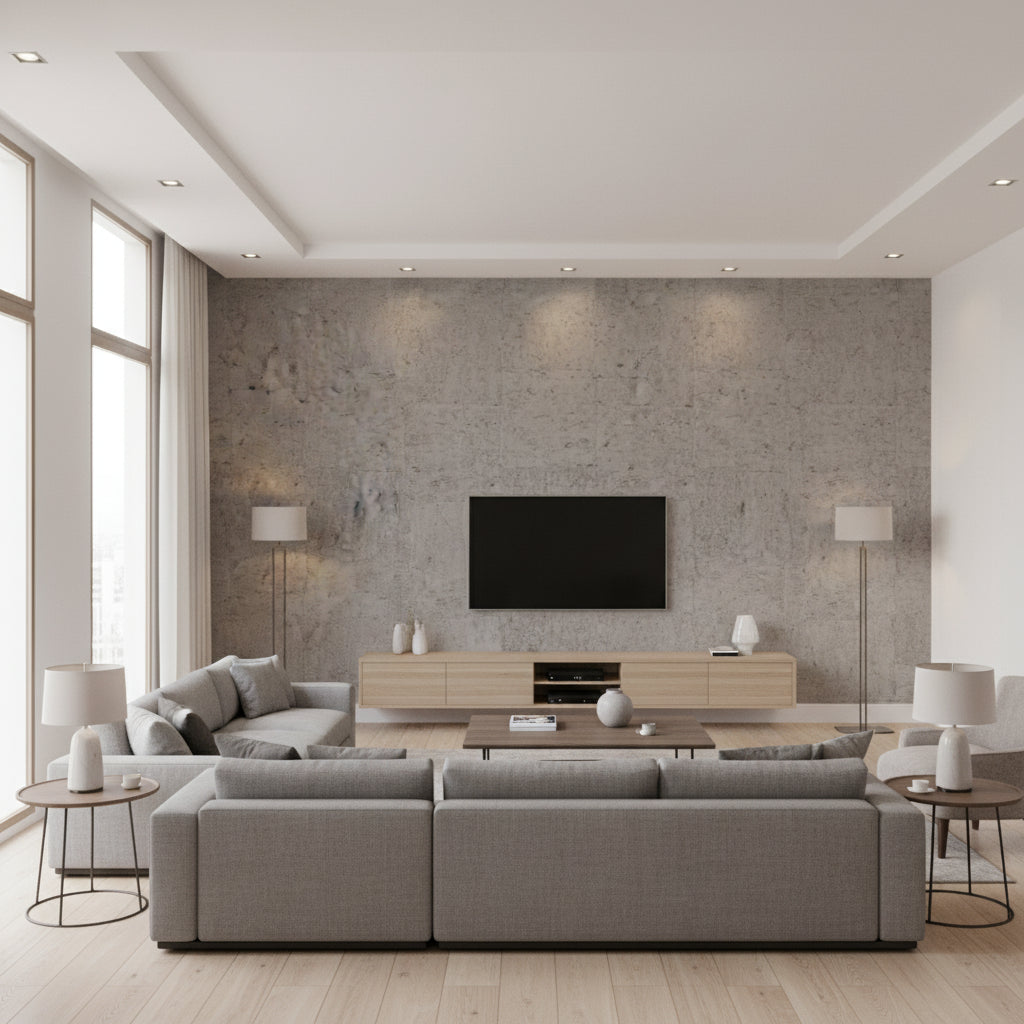 Quercus Taupe | Architectural Wallcoverings - Living Room Visualization (AI-generated, may not be to scale. Verify pattern scale with product specifications.)