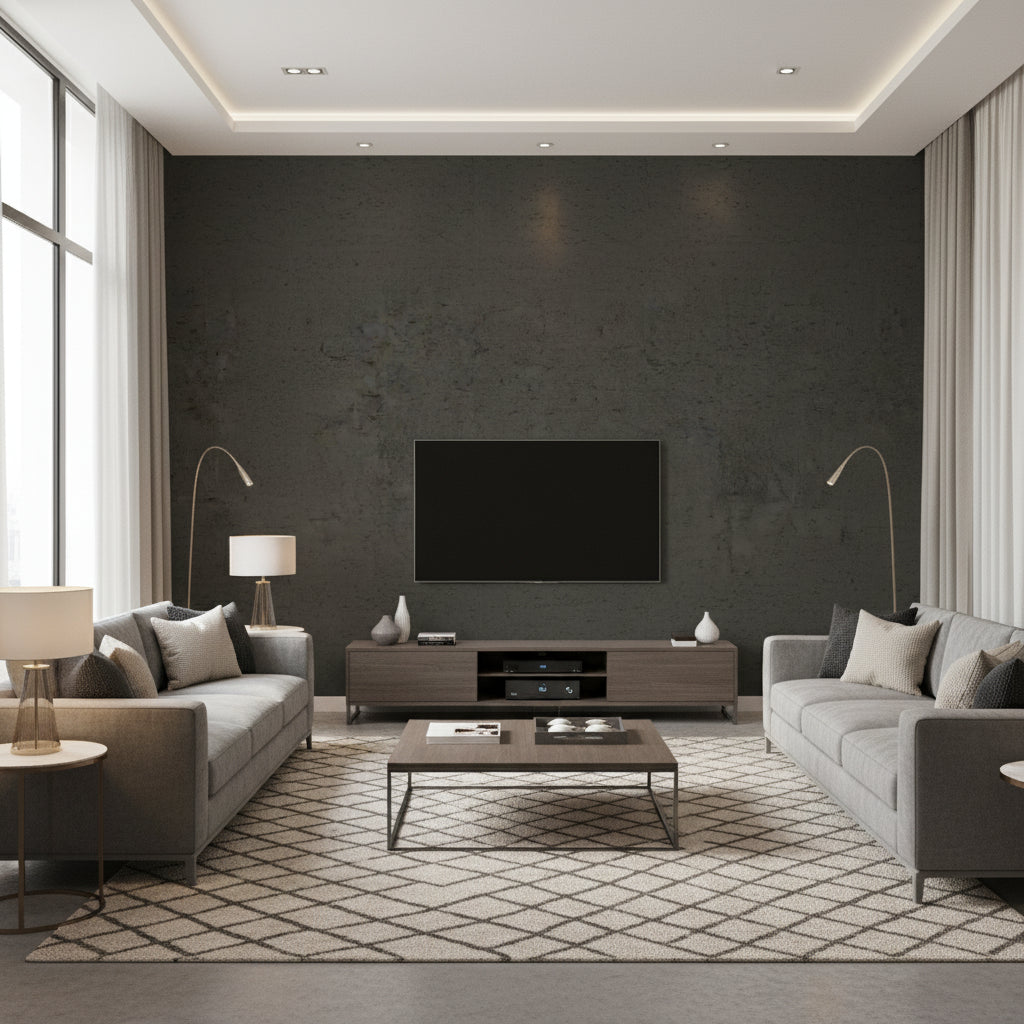 Quercus Charcoal | Architectural Wallcoverings - Living Room Visualization (AI-generated, may not be to scale. Verify pattern scale with product specifications.)
