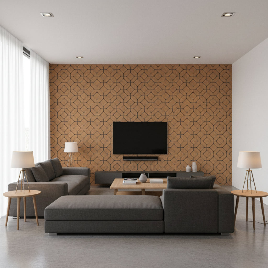 Beveled Native Cork Brown | Architectural Wallcoverings - Living Room Visualization (AI-generated, may not be to scale. Verify pattern scale with product specifications.)