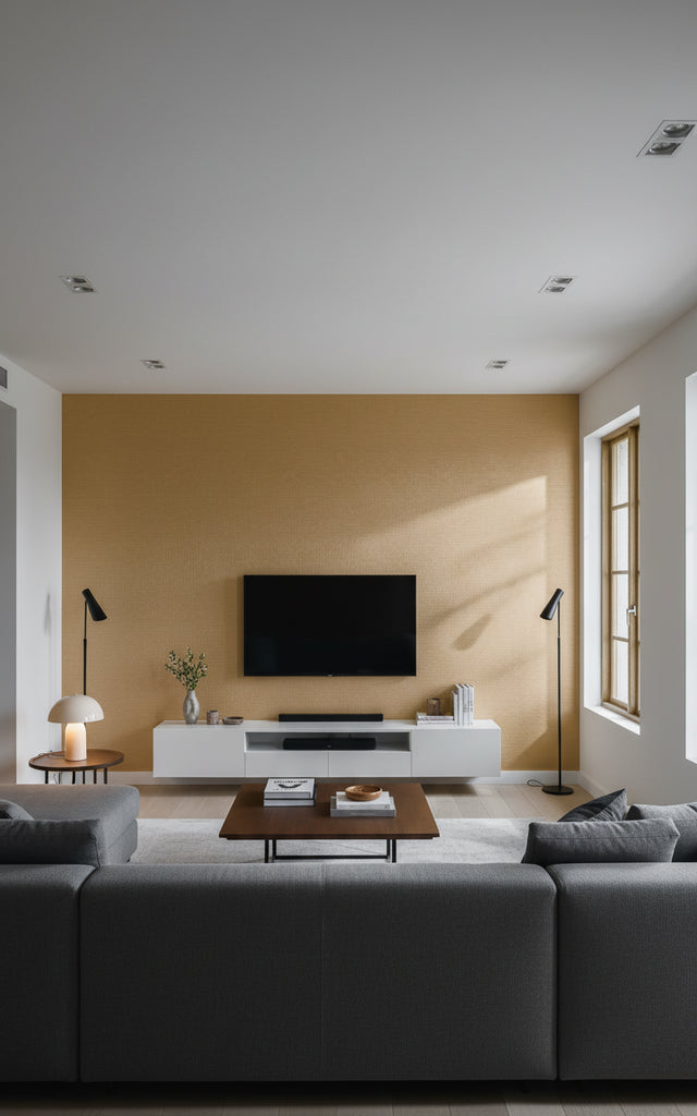 Cyrus Weave Linen Natural | Architectural Wallcoverings - Living Room Visualization (AI-generated, may not be to scale. Verify pattern scale with product specifications.)