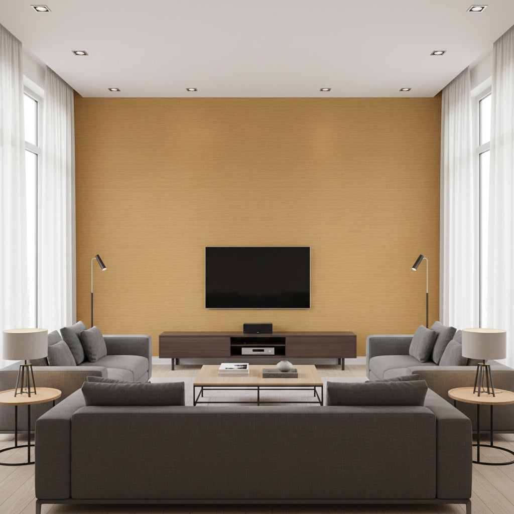 Cyrus Weave Linen Cream | Architectural Wallcoverings - Living Room Visualization (AI-generated, may not be to scale. Verify pattern scale with product specifications.)