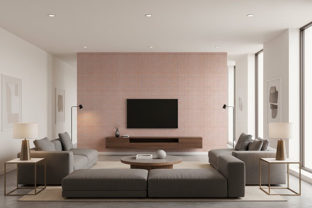 Cyrus Weave Sky | Architectural Wallcoverings - Living Room Visualization (AI-generated, may not be to scale. Verify pattern scale with product specifications.)
