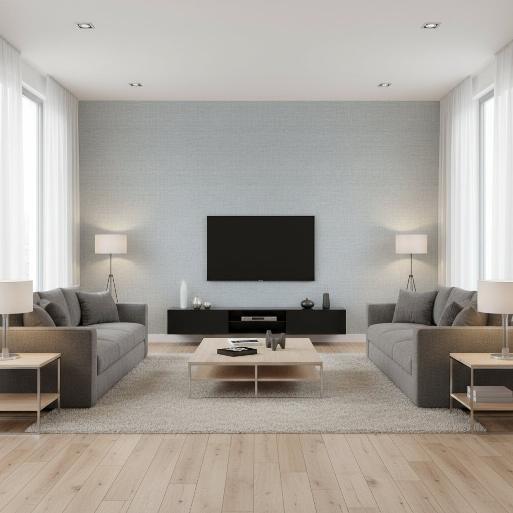 Cyrus Weave Navy | Architectural Wallcoverings - Living Room Visualization (AI-generated, may not be to scale. Verify pattern scale with product specifications.)