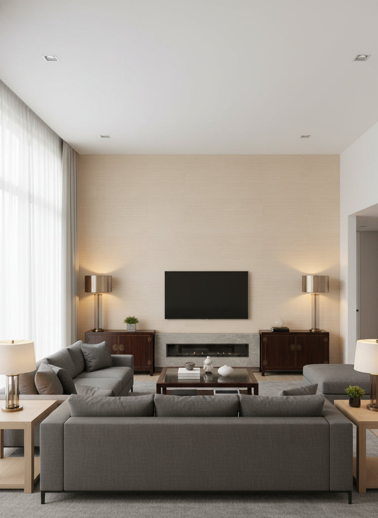 Kilika Cream | Architectural Wallcoverings - Living Room Visualization (AI-generated, may not be to scale. Verify pattern scale with product specifications.)