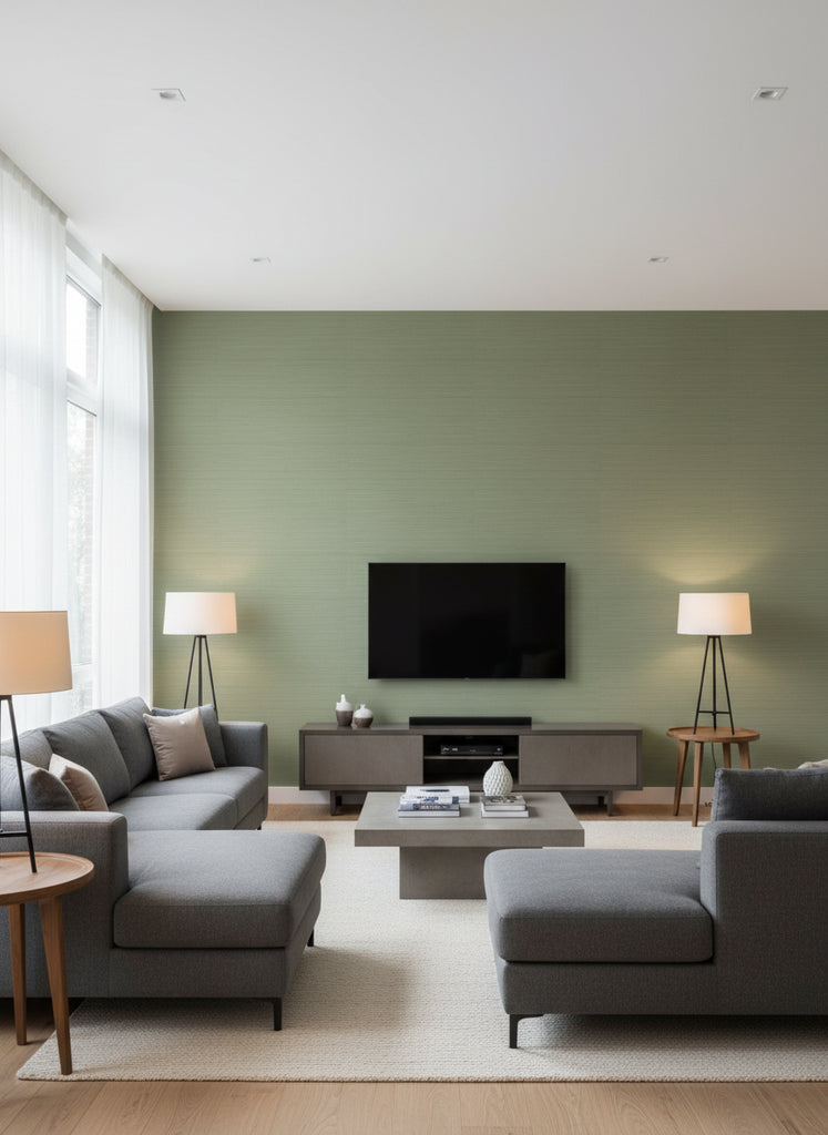 Kilika Green | Architectural Wallcoverings - Living Room Visualization (AI-generated, may not be to scale. Verify pattern scale with product specifications.)