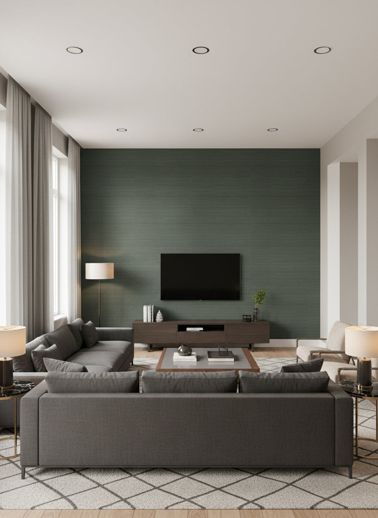 Kilika Deep Green | Architectural Wallcoverings - Living Room Visualization (AI-generated, may not be to scale. Verify pattern scale with product specifications.)