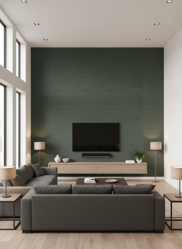 Kilika Deep Taupe | Architectural Wallcoverings - Living Room Visualization (AI-generated, may not be to scale. Verify pattern scale with product specifications.)