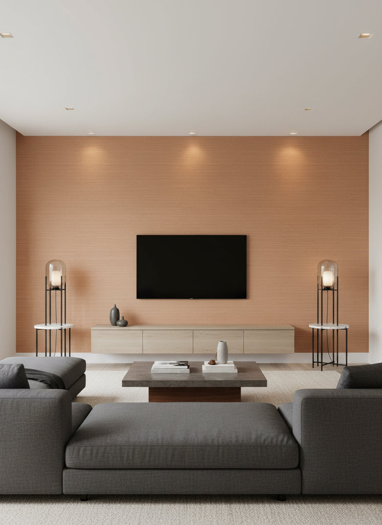 Silk Noil Abaca | Architectural Wallcoverings - Living Room Visualization (AI-generated, may not be to scale. Verify pattern scale with product specifications.)