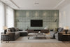 Beach Rye Weave Green | Architectural Wallcoverings - Living Room Visualization (AI-generated, may not be to scale. Verify pattern scale with product specifications.)