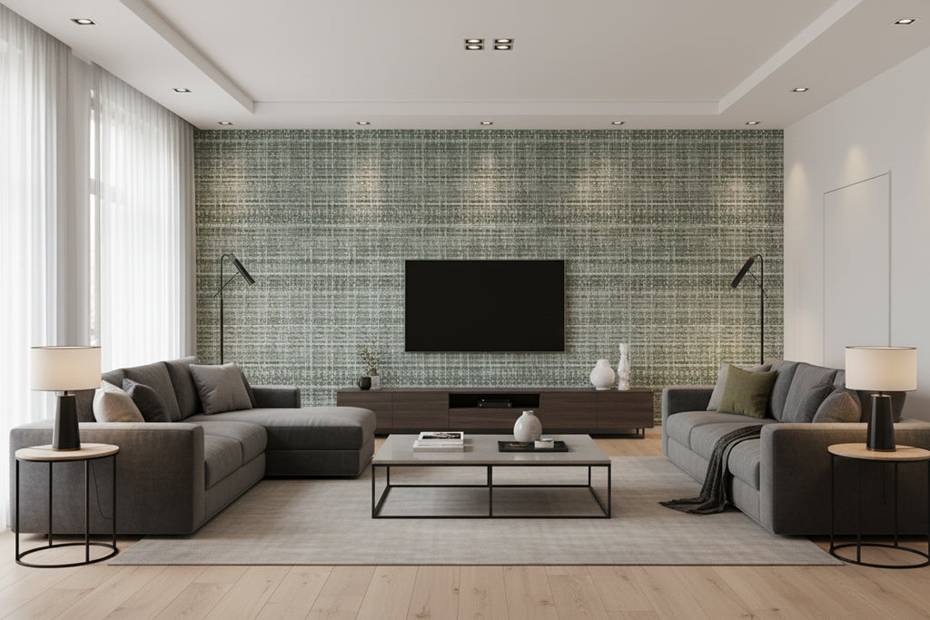 Beach Rye Weave Green | Architectural Wallcoverings - Living Room Visualization (AI-generated, may not be to scale. Verify pattern scale with product specifications.)