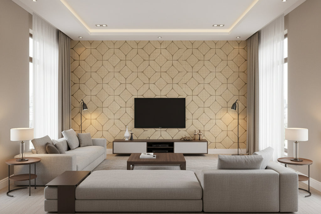 Beveled Raffia Natural | Architectural Wallcoverings - Living Room Visualization (AI-generated, may not be to scale. Verify pattern scale with product specifications.)