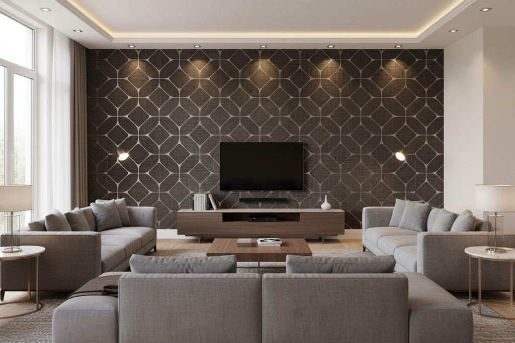 Beveled Raffia Grey Taupe | Architectural Wallcoverings - Living Room Visualization (AI-generated, may not be to scale. Verify pattern scale with product specifications.)