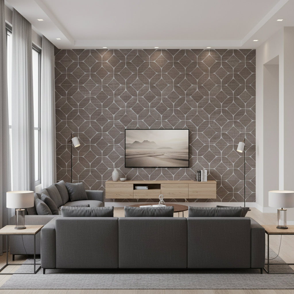 Beveled Sisal Grey Taupe | Architectural Wallcoverings - Living Room Visualization (AI-generated, may not be to scale. Verify pattern scale with product specifications.)