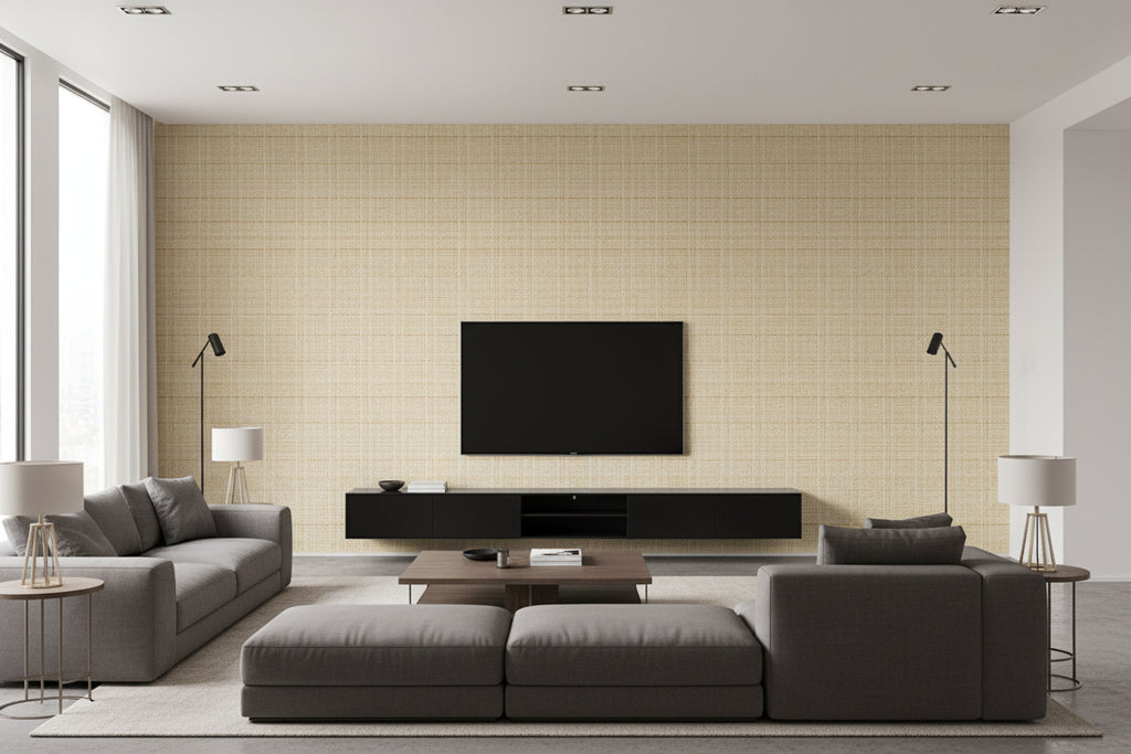 Native Raffia Natural | Architectural Wallcoverings - Living Room Visualization (AI-generated, may not be to scale. Verify pattern scale with product specifications.)