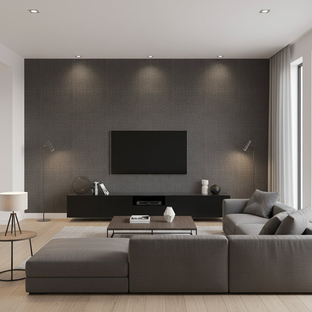 Native Raffia Charcoal | Architectural Wallcoverings - Living Room Visualization (AI-generated, may not be to scale. Verify pattern scale with product specifications.)