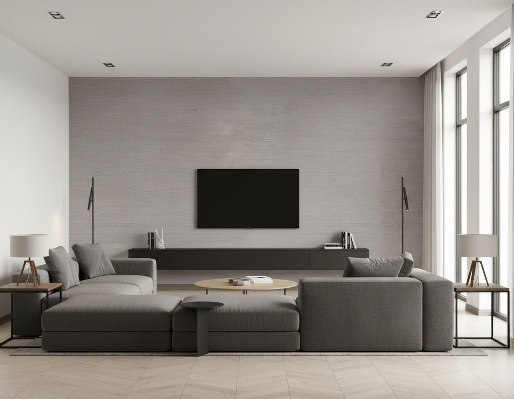 Native Sisal | Architectural Wallcoverings - Living Room Visualization (AI-generated, may not be to scale. Verify pattern scale with product specifications.)