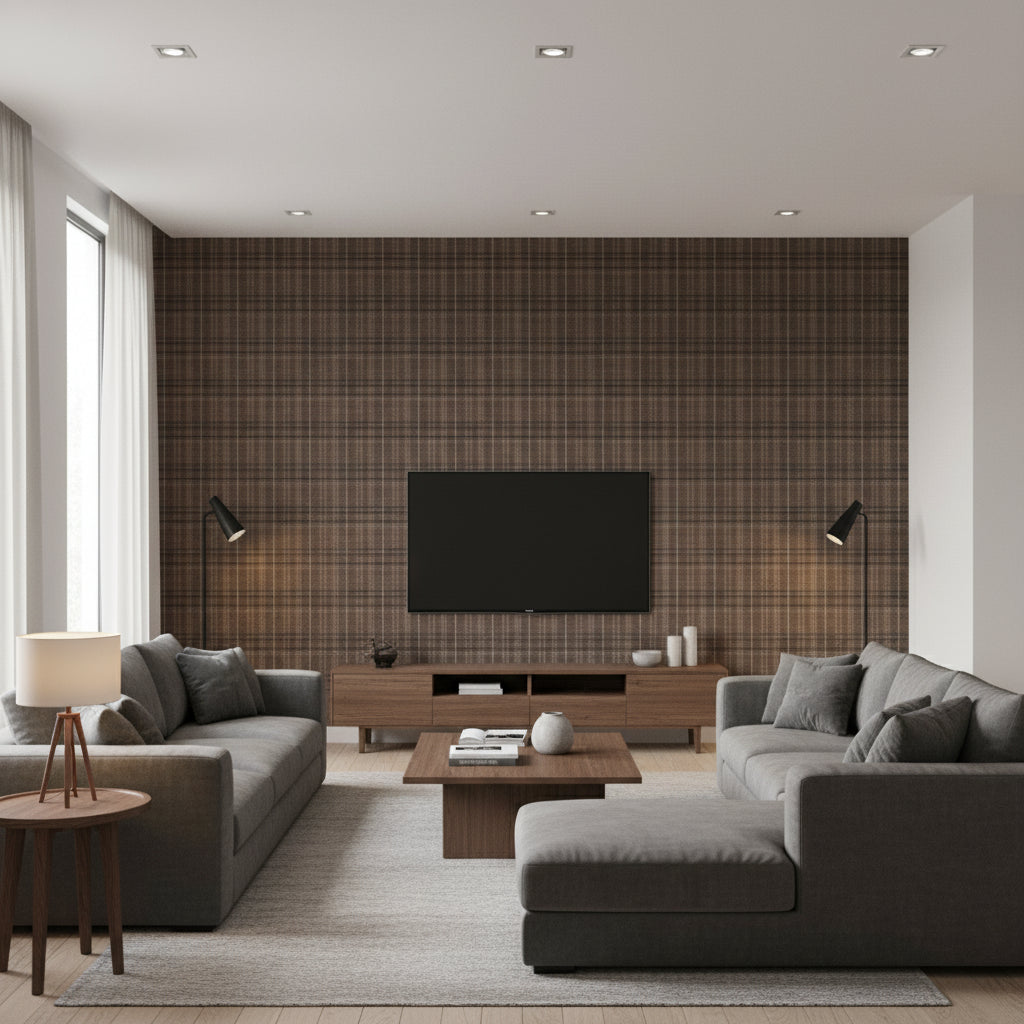 Pulp And Plaid Brown | Architectural Wallcoverings - Living Room Visualization (AI-generated, may not be to scale. Verify pattern scale with product specifications.)