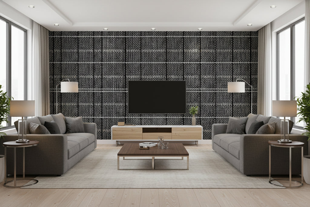 Pulp And Plaid Grey | Architectural Wallcoverings - Living Room Visualization (AI-generated, may not be to scale. Verify pattern scale with product specifications.)