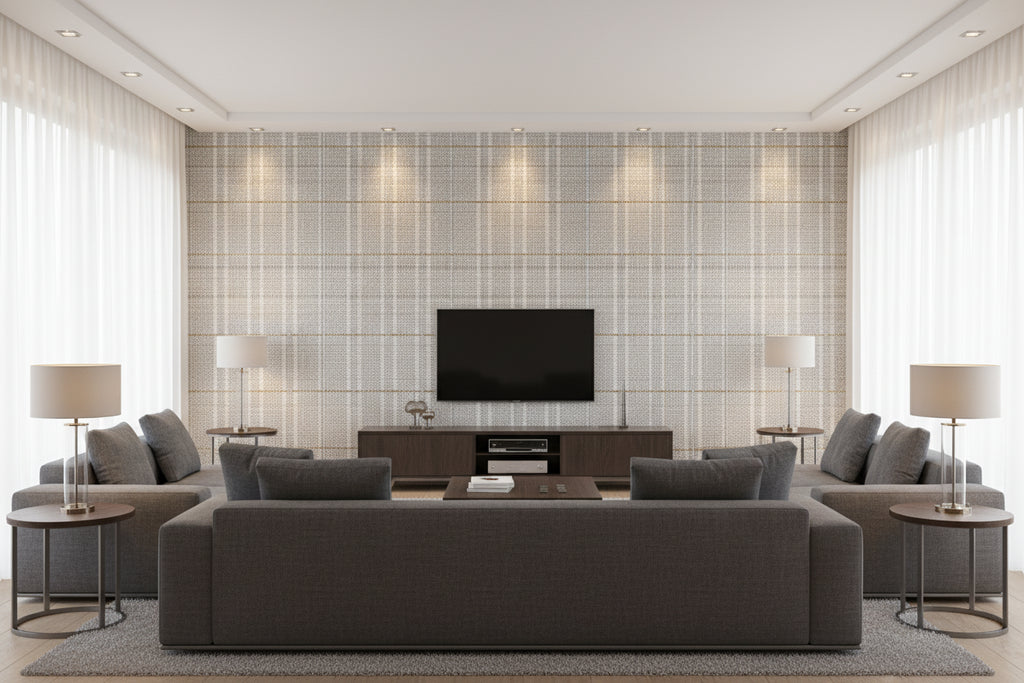 Pulp And Plaid White Gold | Architectural Wallcoverings - Living Room Visualization (AI-generated, may not be to scale. Verify pattern scale with product specifications.)