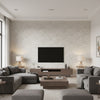 Woven Wood Pearl | Architectural Wallcoverings - Living Room Visualization (AI-generated, may not be to scale. Verify pattern scale with product specifications.)