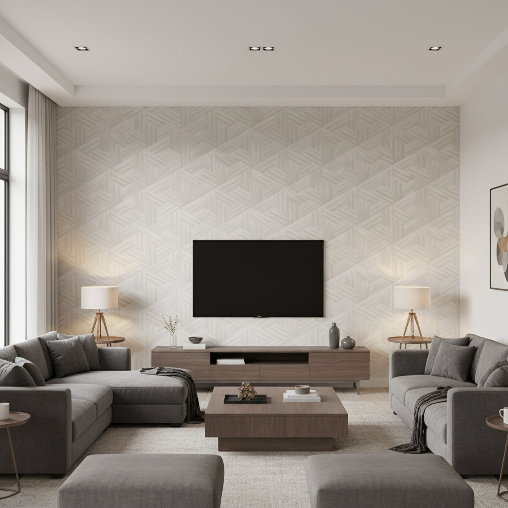 Woven Wood Pearl | Architectural Wallcoverings - Living Room Visualization (AI-generated, may not be to scale. Verify pattern scale with product specifications.)