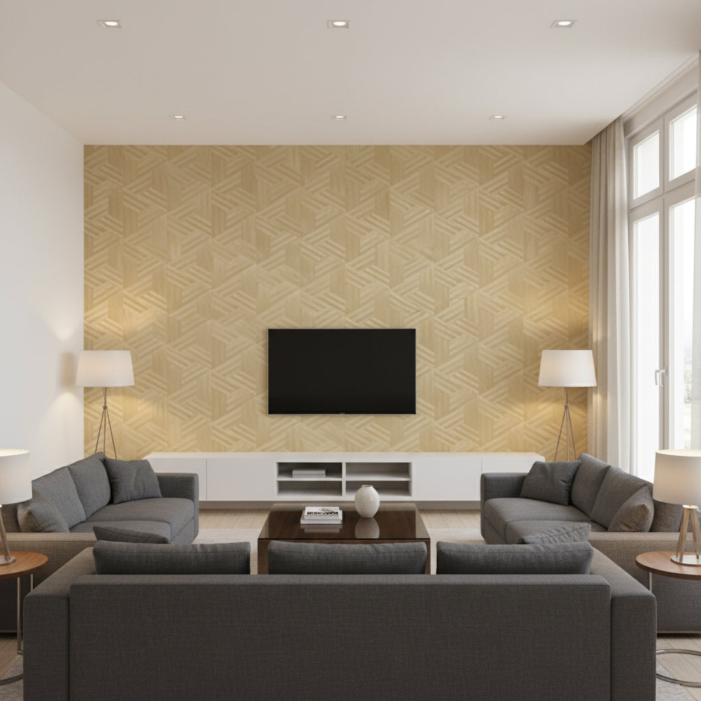 Woven Wood Gold | Architectural Wallcoverings - Living Room Visualization (AI-generated, may not be to scale. Verify pattern scale with product specifications.)