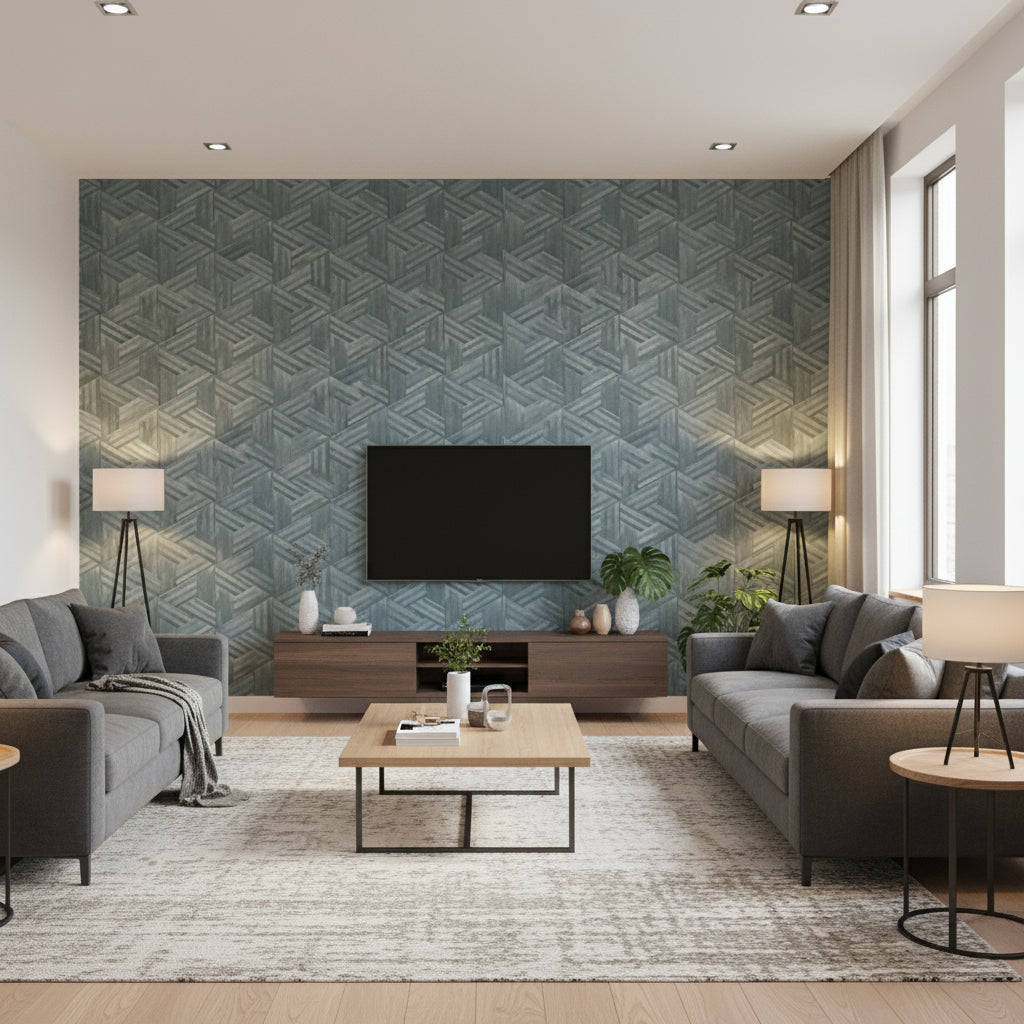 Woven Wood Aqua | Architectural Wallcoverings - Living Room Visualization (AI-generated, may not be to scale. Verify pattern scale with product specifications.)