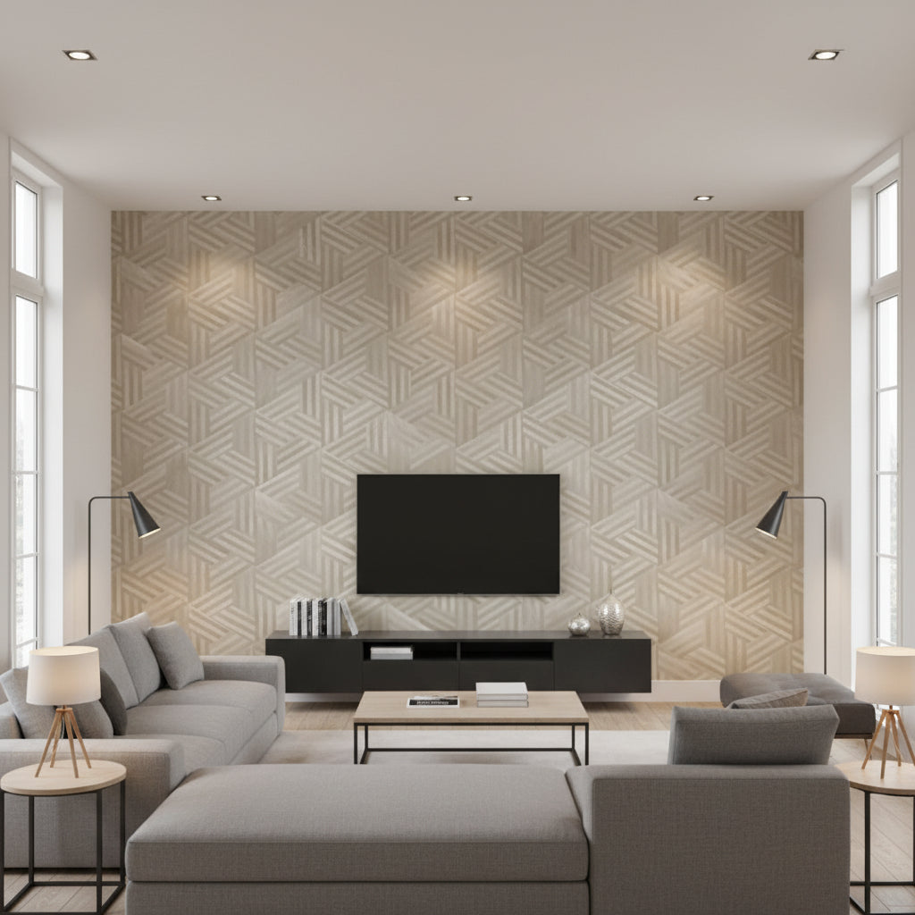 Woven Wood | Architectural Wallcoverings - Living Room Visualization (AI-generated, may not be to scale. Verify pattern scale with product specifications.)