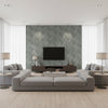 Woven Wood Green | Architectural Wallcoverings - Living Room Visualization (AI-generated, may not be to scale. Verify pattern scale with product specifications.)