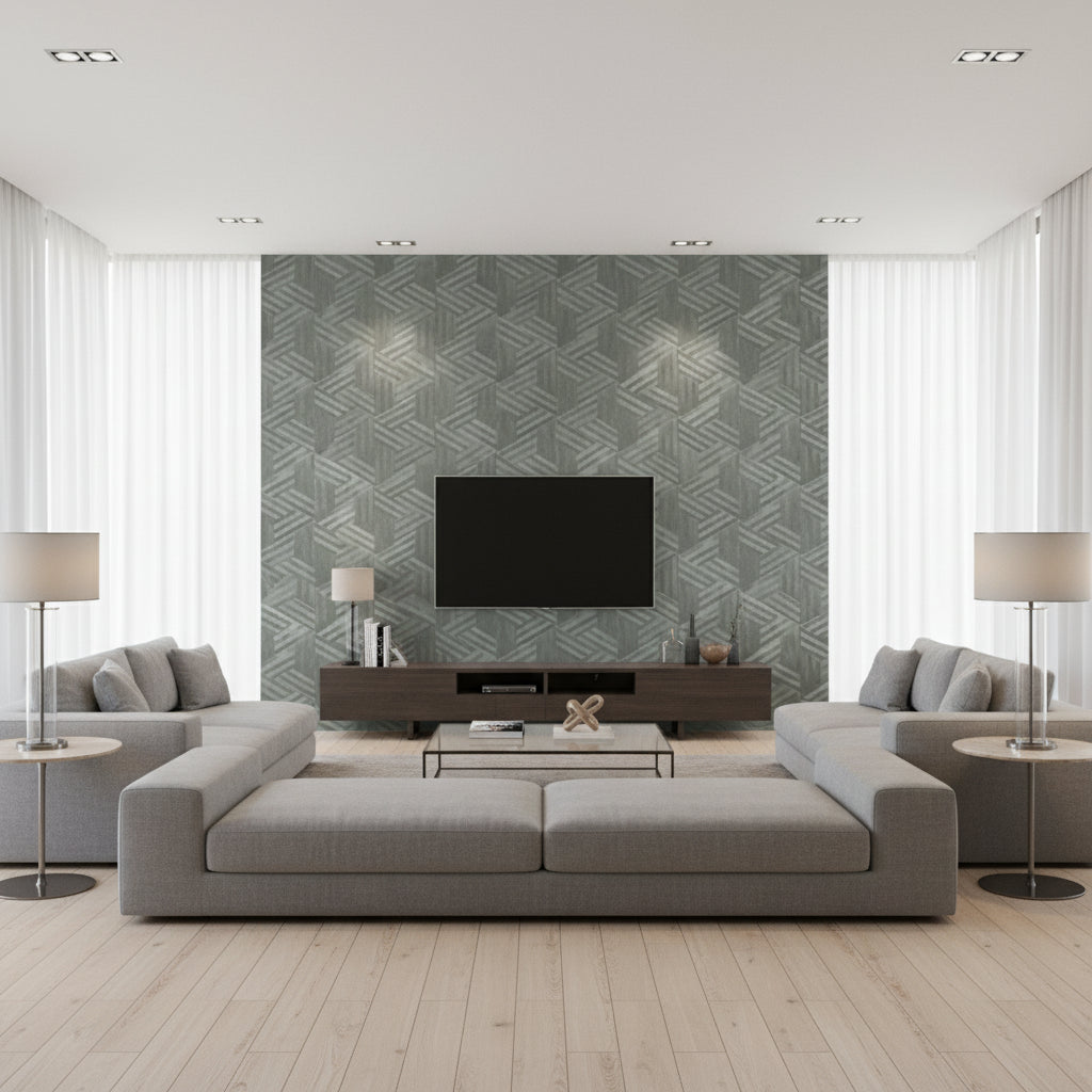 Woven Wood Green | Architectural Wallcoverings - Living Room Visualization (AI-generated, may not be to scale. Verify pattern scale with product specifications.)