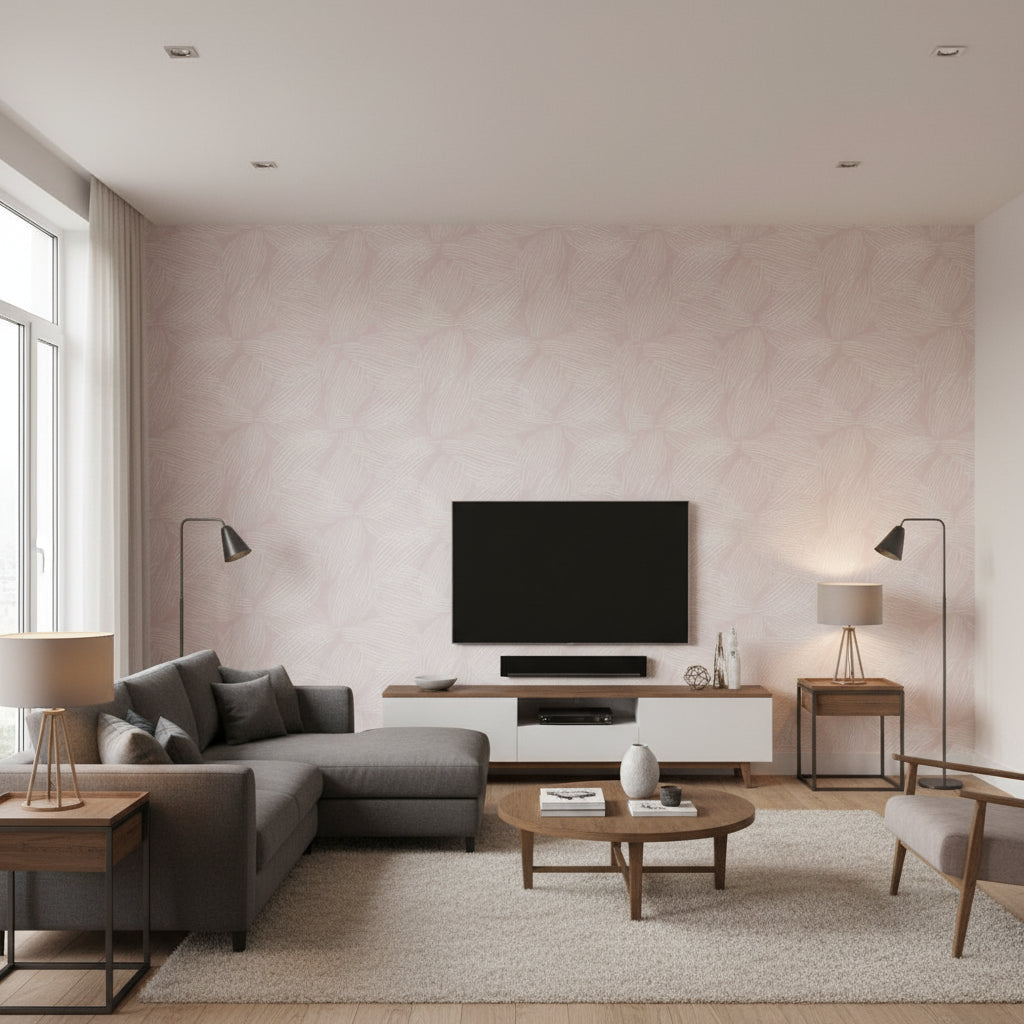 Esplanade Pampas | Stacy Garcia | Architectural Wallcoverings - Living Room Visualization (AI-generated, may not be to scale. Verify pattern scale with product specifications.)