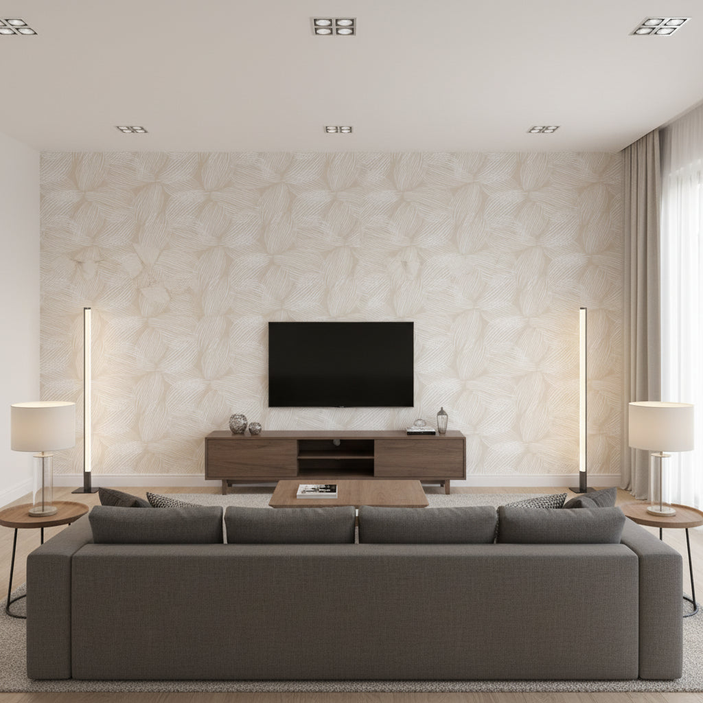 Esplanade Birch | Stacy Garcia | Architectural Wallcoverings - Living Room Visualization (AI-generated, may not be to scale. Verify pattern scale with product specifications.)