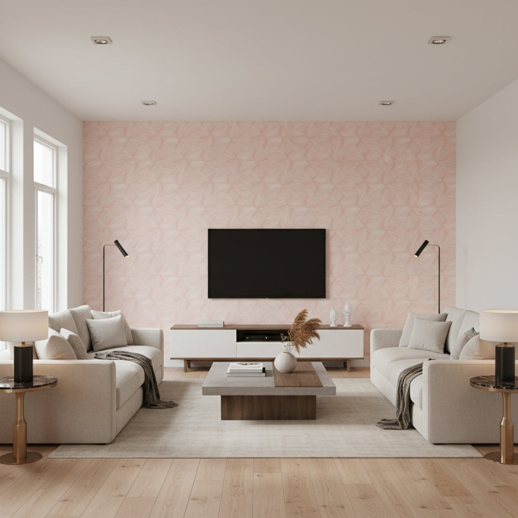 Esplanade Petal | Stacy Garcia | Architectural Wallcoverings - Living Room Visualization (AI-generated, may not be to scale. Verify pattern scale with product specifications.)