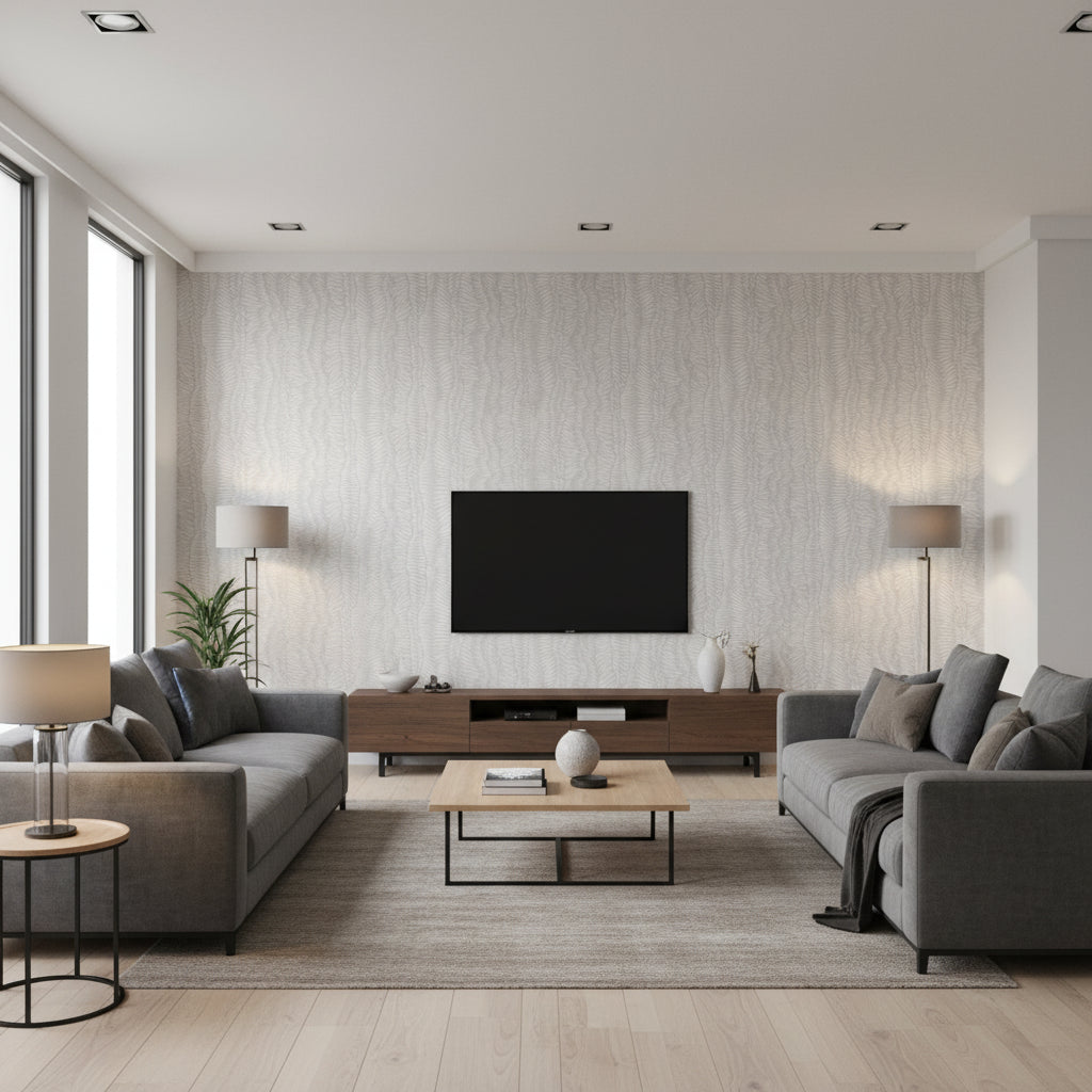 Minetta Rice | Stacy Garcia | Architectural Wallcoverings - Living Room Visualization (AI-generated, may not be to scale. Verify pattern scale with product specifications.)