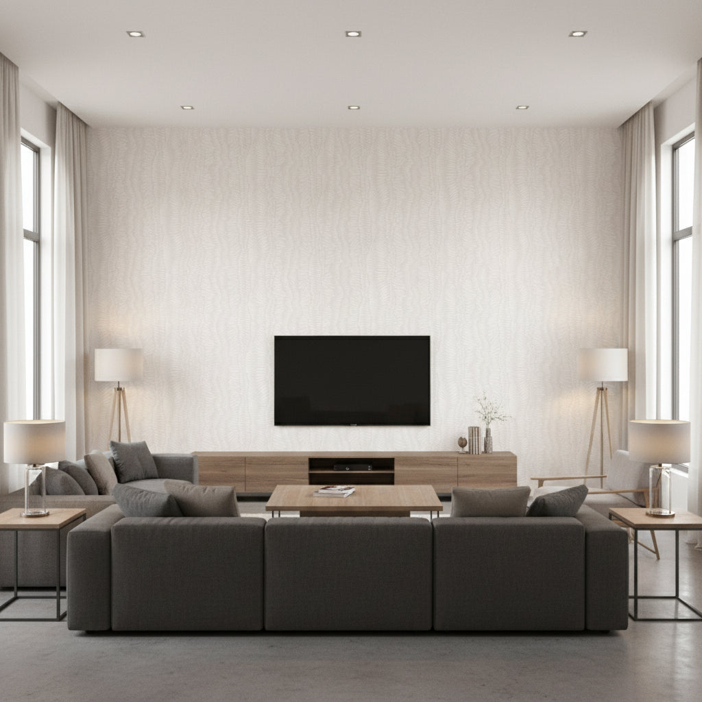 Minetta Oyster | Stacy Garcia | Architectural Wallcoverings - Living Room Visualization (AI-generated, may not be to scale. Verify pattern scale with product specifications.)