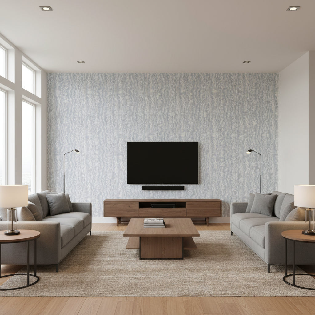 Minetta Ice | Stacy Garcia | Architectural Wallcoverings - Living Room Visualization (AI-generated, may not be to scale. Verify pattern scale with product specifications.)