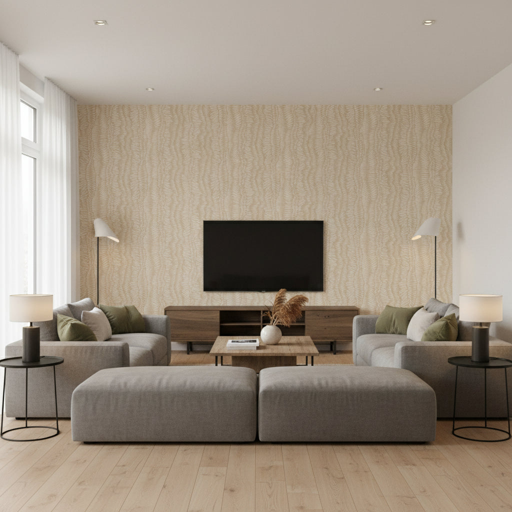 Minetta Wheat | Stacy Garcia | Architectural Wallcoverings - Living Room Visualization (AI-generated, may not be to scale. Verify pattern scale with product specifications.)