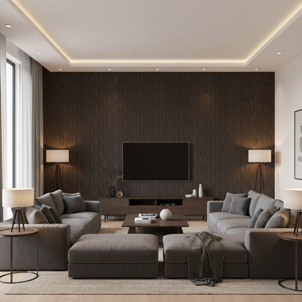 Minetta Bronze | Stacy Garcia | Architectural Wallcoverings - Living Room Visualization (AI-generated, may not be to scale. Verify pattern scale with product specifications.)
