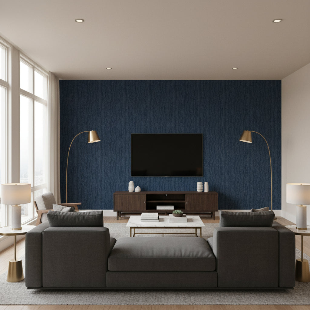 Minetta Indigo | Stacy Garcia | Architectural Wallcoverings - Living Room Visualization (AI-generated, may not be to scale. Verify pattern scale with product specifications.)