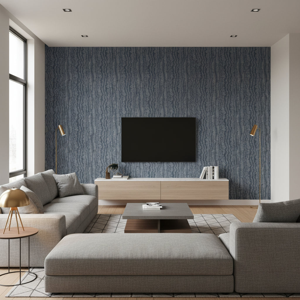 Minetta Navy | Stacy Garcia | Architectural Wallcoverings - Living Room Visualization (AI-generated, may not be to scale. Verify pattern scale with product specifications.)
