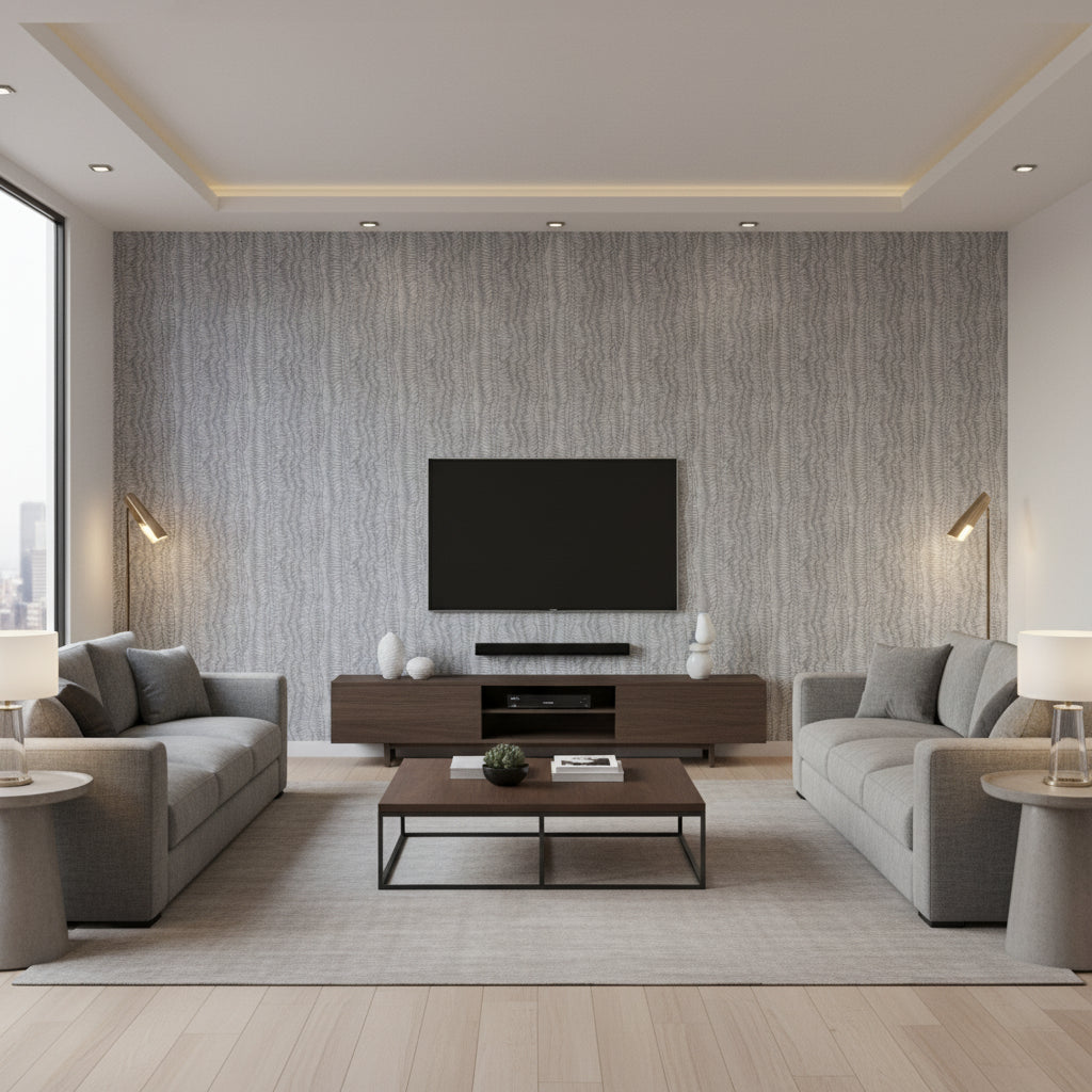 Minetta Pewter | Stacy Garcia | Architectural Wallcoverings - Living Room Visualization (AI-generated, may not be to scale. Verify pattern scale with product specifications.)